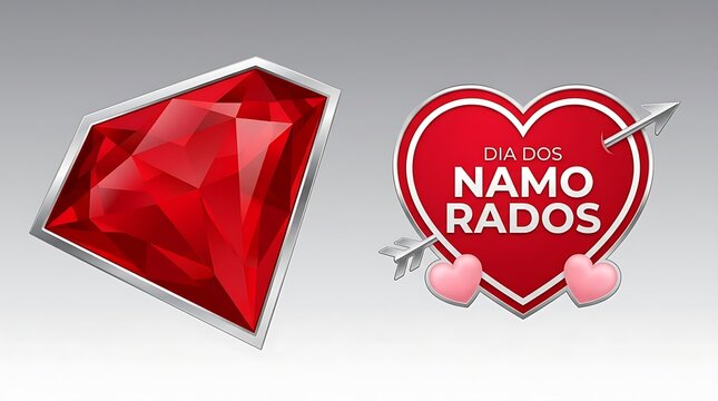 Red gemstone, heart shaped Valentine's Day symbol, Namo Rados text