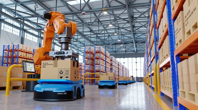 Automated warehouse with robotic arm and AGV robots moving cardboard boxes on shelves, logistics and supply chain management technology concept