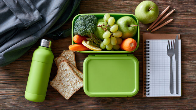 Bright green lunch box filled with fresh healthy vegetables and fruits arranged on white background