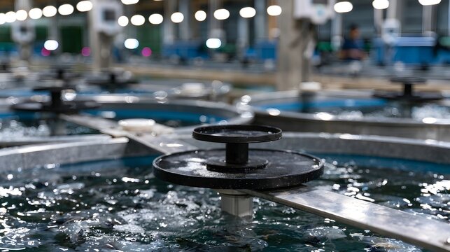 Circular water tanks with ae n devices for indoor aquaculture farming  showing controlled environment and mechanical systems