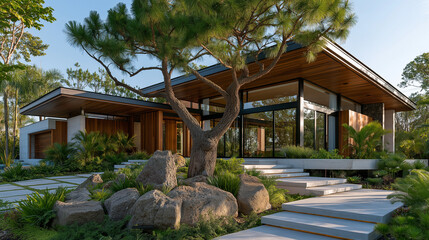 Naklejka premium Modern Tropical Residence: A contemporary house with clean lines and extensive glass windows is nestled amidst lush tropical foliage, featuring a striking entryway with stone landscaping.