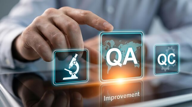 Hand interacting with a virtual interface, selecting Quality Assurance (QA) and Quality Control (QC) for global business improvement strategies.