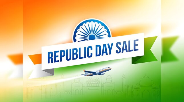 Republic day sale banner with indian flag and airplane