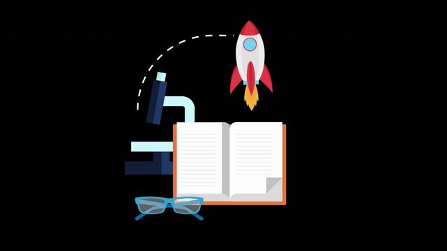 Open Book with Microscope Glasses and Rocket Science Education and Innovation Animation 