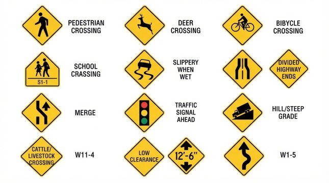 Warning signs inform drivers and pedestrians about road conditions and potential hazards on highways. Important for safety on busy roads.