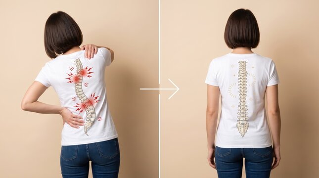 Before and after comparison of female back showing spine correction therapy results, relief from chronic pain and scoliosis treatment concept for health and wellness