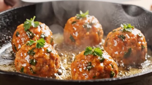 Delicious meatballs sizzling in a hot cast iron skillet