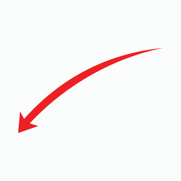 Red arrow pointing down vector illustration, curved, trend, decline, graph, chart, stock market, decrease, loss, negative, down, economic, business, financial, diagram, indicator, white background.