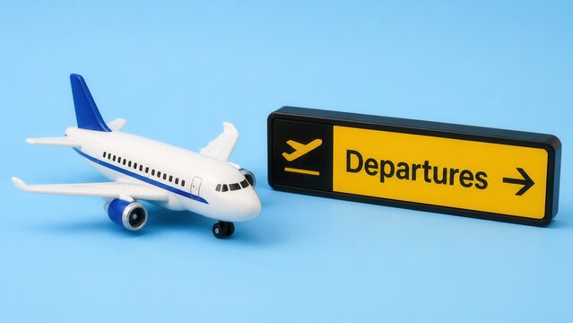 Airport departures and air travel concept with passenger flight departure sign and airplane model