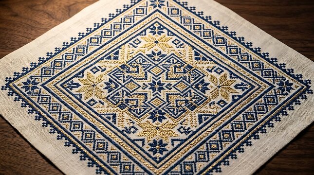 Intricate blue and gold cross stitch embroidery on linen