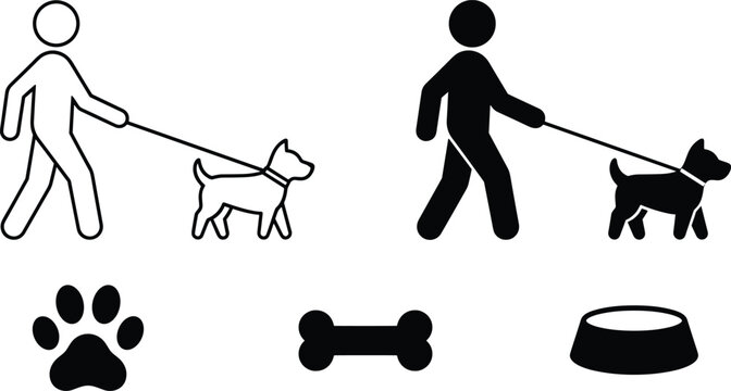 Dog Walker and Pet Care Icon Set Featuring Stick Figure Walking Dog on Leash Paw Print Bone and Food Bowl Graphic Symbols in Line and Silhouette Styles