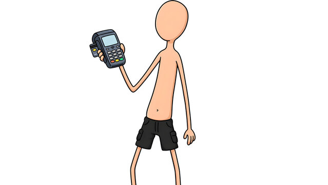 Minimalist Alegria Illustration of Slender Anonymous Character Carrying a Giant EDC Payment Terminal, Concept for Wireless Transaction, Mobile Point of Sale, and Digital Banking, Flat Vector