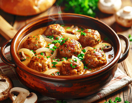 Meatballs simmered in a gravy with mushrooms and onions. AI