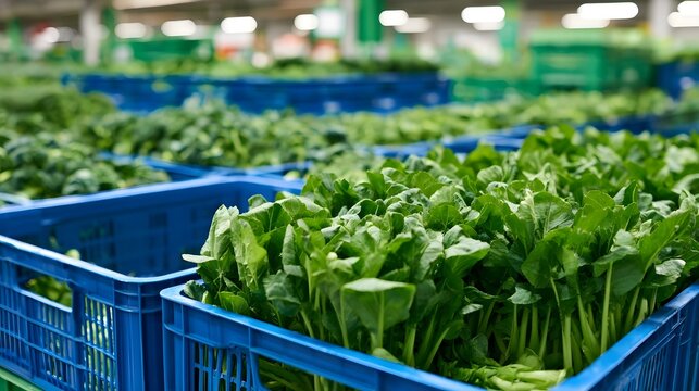 Rows of blue plastic crates filled with vibrant green leafy vegetables inside a large indoor agricultural facility