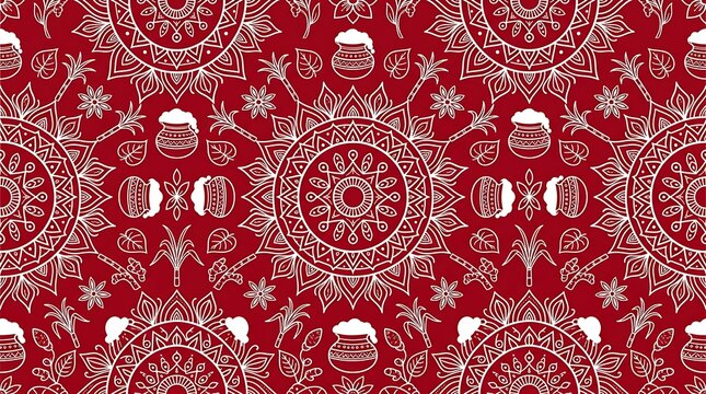 Ornate red and white mandala pattern with festive harvest elements