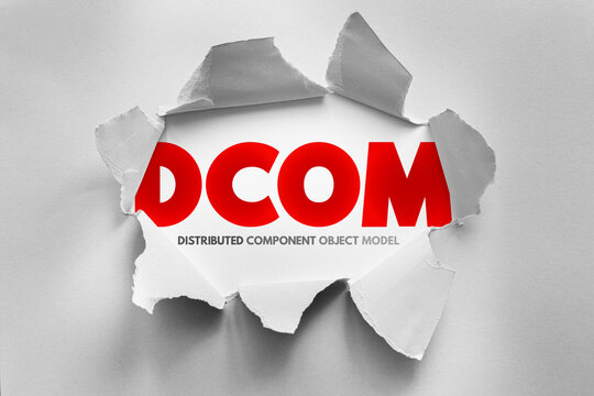 DCOM distributed component object model acronym, technology concept illustration highlighting DCOM text, enterprise software communication architecture and legacy system integration theme