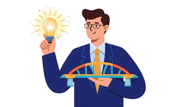 Minimalist Illustration of Anonymous Businessman in Suit Holding a Glowing Light Bulb and Miniature Bridge, Concept of Connecting Ideas and Bridging the Gap, Flat Vector