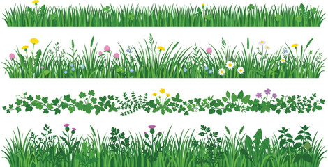 Decorative Grass Borders Collection With Flowers Nature Vector Illustration Design Elements © MD. MASUD R ANA