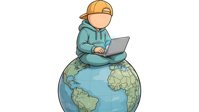 Minimalist Illustration of Faceless Person Using Laptop Sitting on Top of Planet Earth Globe, Concept for Global Network, Remote Work, and Digital Nomad Lifestyle, Flat Vector
