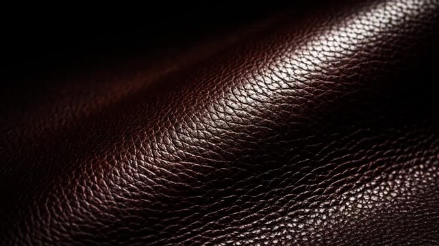 Macro dark brown genuine leather with distinct grain texture slowly stretching, specular highlights, dark background