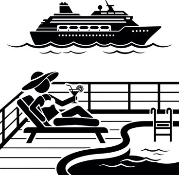 Woman relaxing on a cruise ship deck by the pool with a cocktail icon vacation relaxing cocktail lifestyle sunbathing illustration silhouette transportation recreation enjoyment