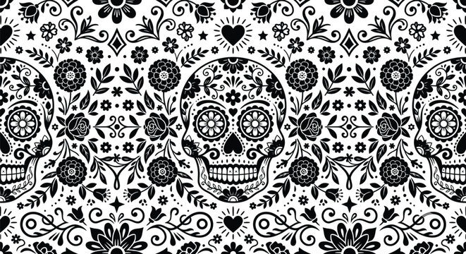 Sugar Skull Seamless Pattern Decorative Floral Halloween Vector Illustration Background Design