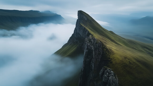 Ai Mountain peak rising above clouds in the early morning light with fog surrounding the landscape