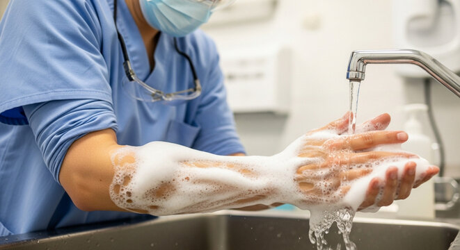 Healthcare worker washing hands with soap under running water in sink.
