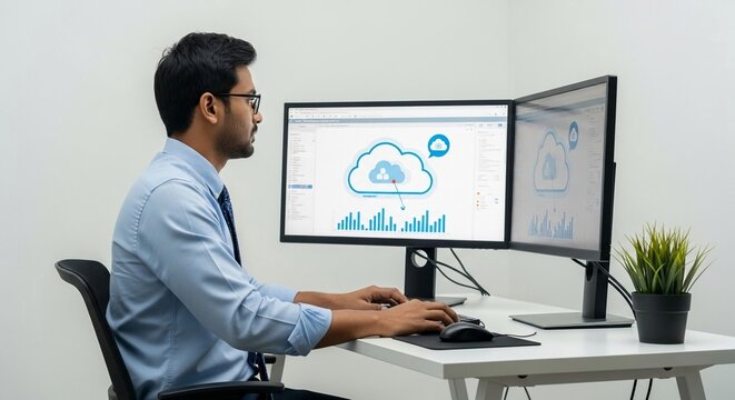 Asian Indian professional focused on cloud computing data analysis on dual computer monitors in modern office workspace.