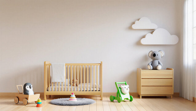Modern nursery interior with wooden furniture and toys furniture interior playroom childhood