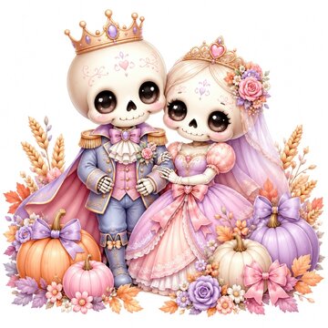 Cute couple skeletons in royal attire, surrounded by pumpkins and flowers, perfect for Halloween festivities.