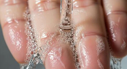 Fototapeta premium Close-up of hand with flowing water and soap bubbles, concept of hygiene