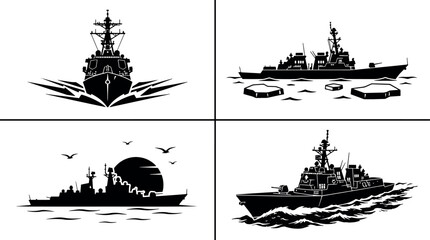 Set of four black and white silhouettes of naval warships and cruisers in different perspectives with military battleship nautical silhouette illustration transport maritime © tecna