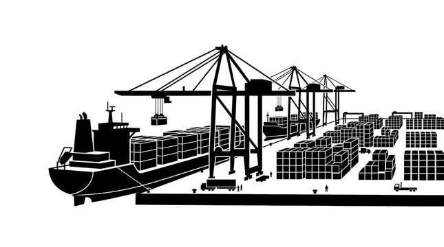 Black and white illustration of a busy shipping port with cargo containers