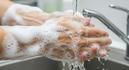 Fototapeta premium Close-up of hands being washed with soap and water, creating foam and bubbles.