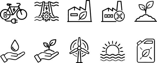 Set of ten black outline environmental and green energy icons including wind turbine and factory with environment sustainable renewable industry illustration collection conservation © tecna
