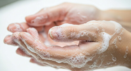 Fototapeta premium Close-up of hands being washed with soap and water, creating rich lather and bubbles.