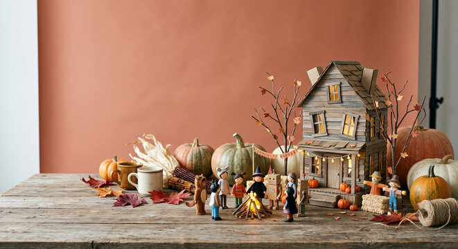 Miniature toy figure dolls gathering around a small bonfire near a handmade cardboard house with an autumn harvest theme.
