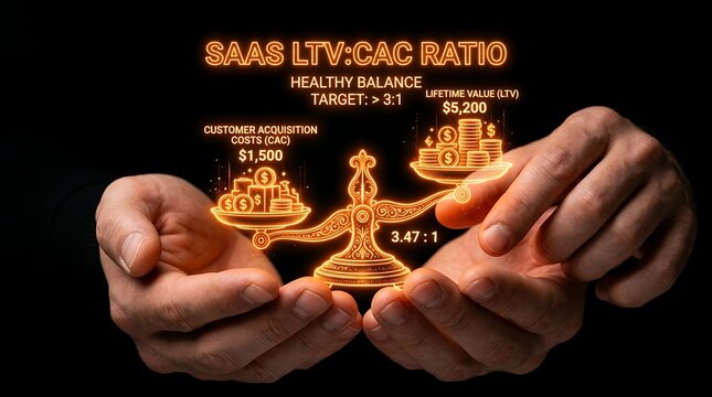 SaaS LTV to CAC Ratio Concept with Glowing Scale in Hands.