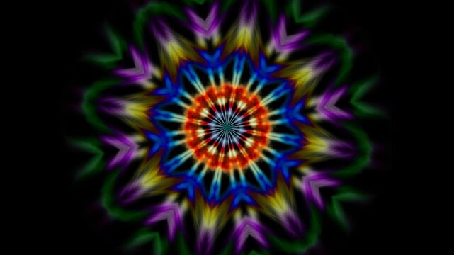 Colorful kaleidoscope pattern in motion on black background