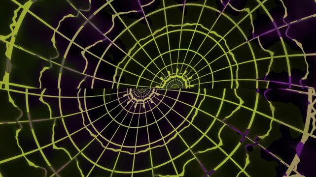 Spiral pattern design in green and purple with lines and curves