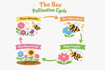 Naklejka premium Educational Bee Pollination Cycle Diagram with Flowers