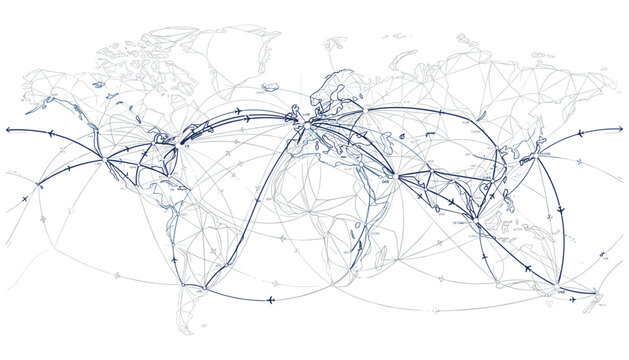Global aviation network abstract flight map illustrating flight paths across continents.