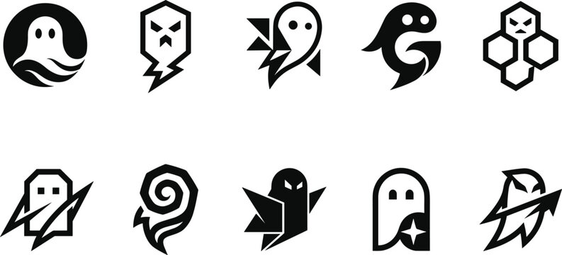 Minimalist Ghost and Monster Icon Set with Black Geometric Spooky Character Vectors for Halloween Designs, Mobile Apps, Gaming Logos, and Tech Badges