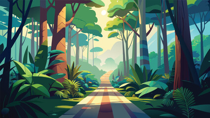 Scenic forest path surrounded by lush green trees at sunny dawn with landscape sunlight environment wilderness peaceful tranquil botanical sunbeams adventure beautiful vegetation woodland © Joy Dev