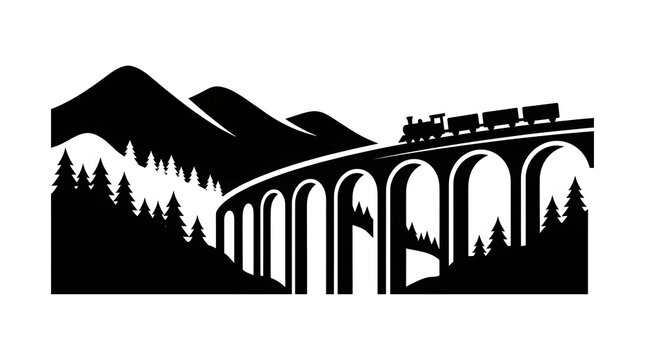 Vintage train crossing a mountain viaduct black and white illustration