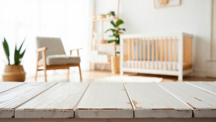 Blurred background of modern scandinavian style baby nursery room with wooden table surface © PG Studio