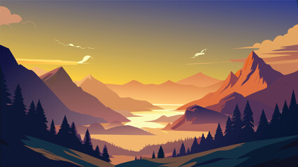 Mountain valley landscape at sunset with pine forest silhouette mountains landscape wilderness outdoors panoramic dramatic coniferous beautiful environment tranquil peaceful vacation © Joy Dev
