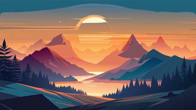 Scenic mountain lake landscape during golden sunset with pine trees mountains landscape twilight reflection wilderness peaceful dramatic environment illustration topography evergreen