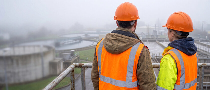 Two engineers wearing hard hats and highvisibility vests overlooking a water treatment plant on a foggy day